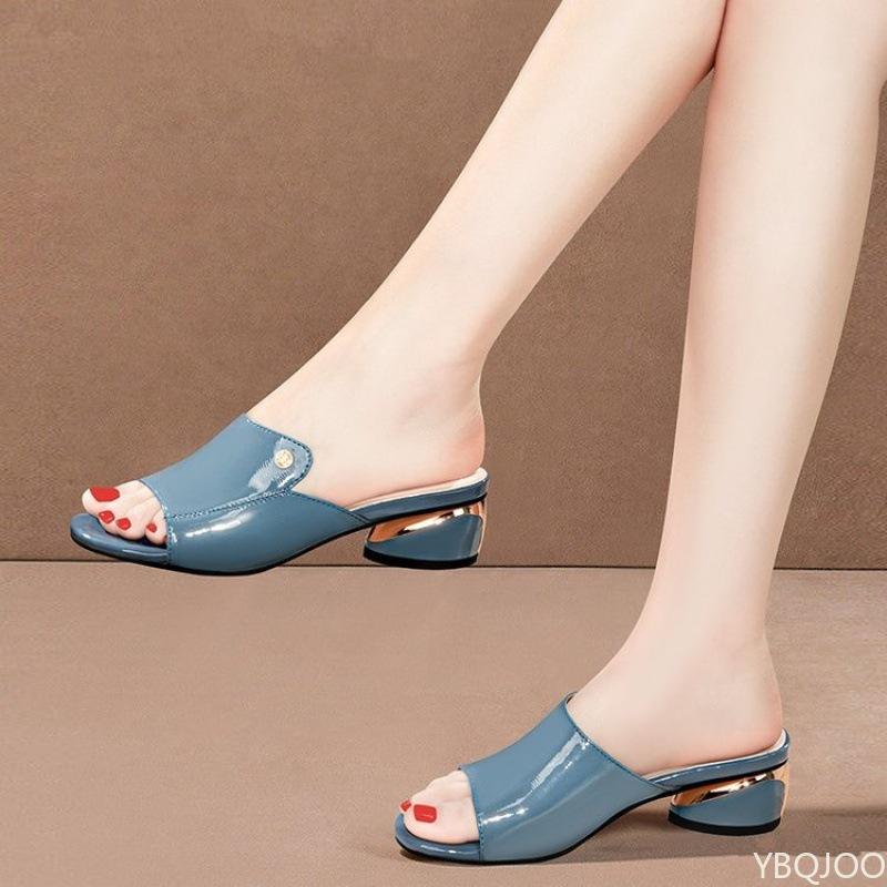 Luxury plus size Women's Slippers Summer new soft leather shoes Fashion fish mouth ladies Shoes Thick heel open toed slippers