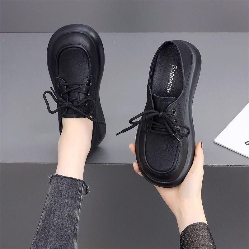 Loafu Single Shoes Women's Single Shoes Soft-soled New Two-wear Flat-soled Lace-up Non-slip Women's Leather Shoes