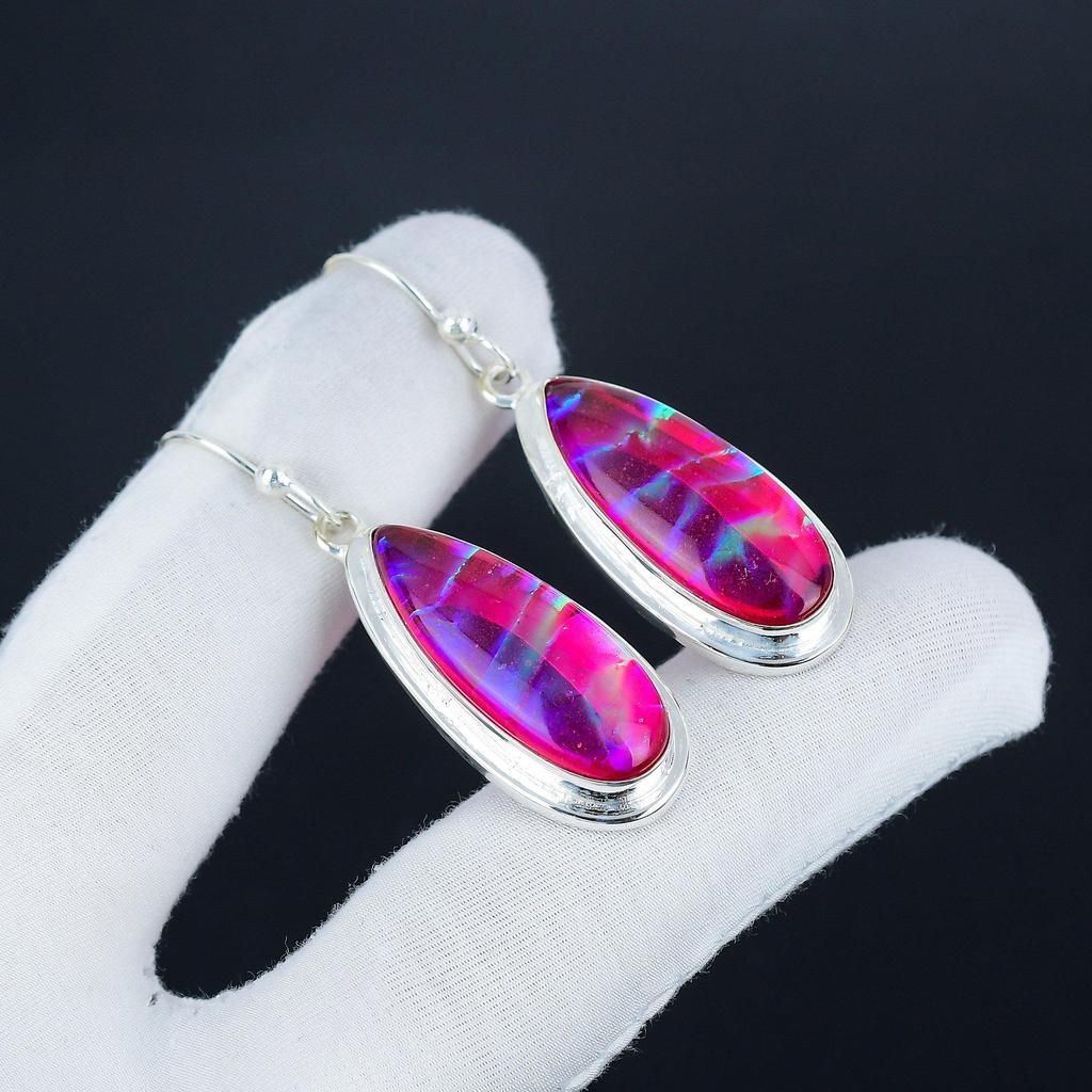 Dainty Pink Triplet Fire Opal Gemstone Earrings, 925 Sterling Silver Earring, Handmade Boho Silver Jewelry Dangle Earrings, Birthday Gift