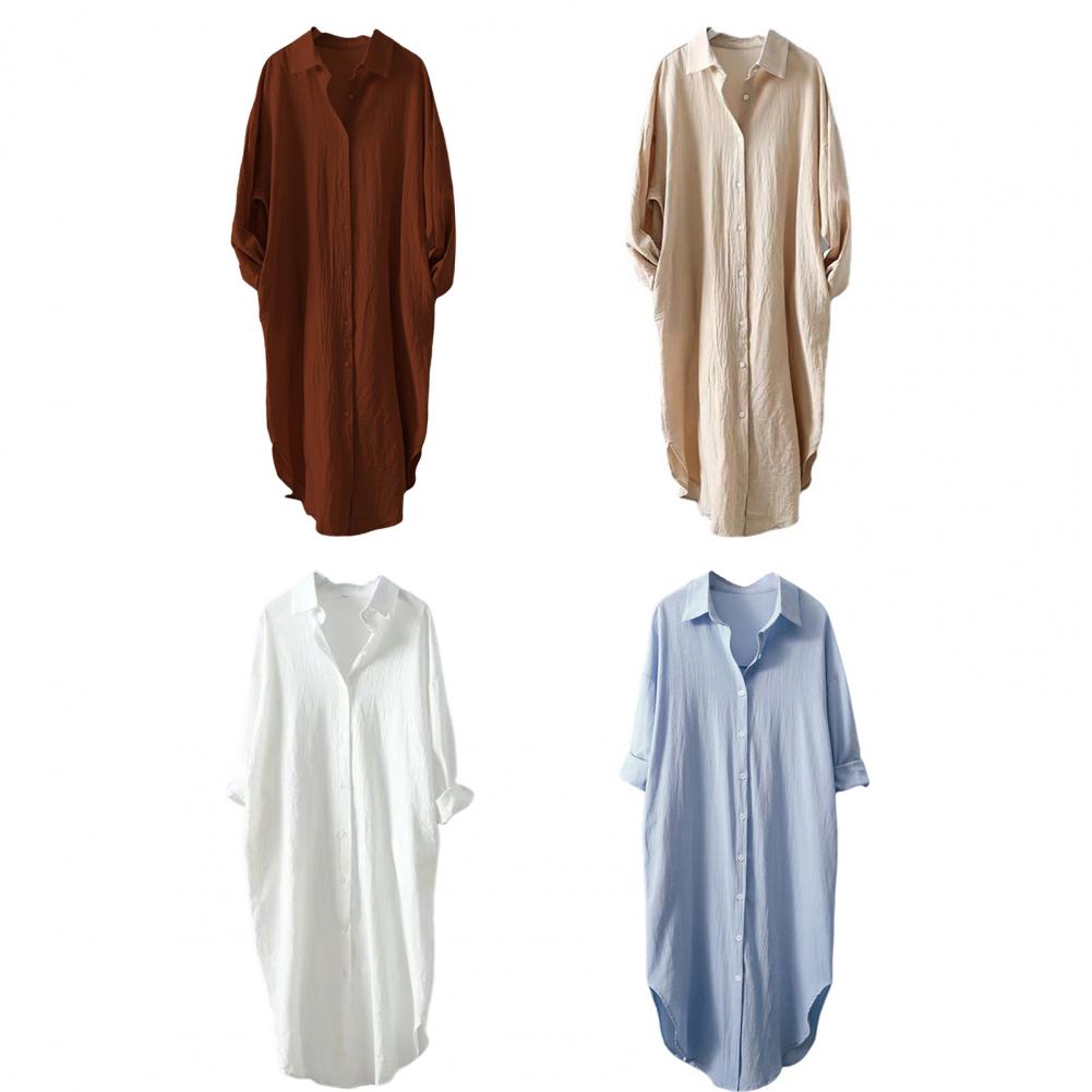 Women Shirt Lapel Three-quarter Sleeves Mid-length Shirt Tops Single Breasted Solid Color Loose Fit Casual Shirt