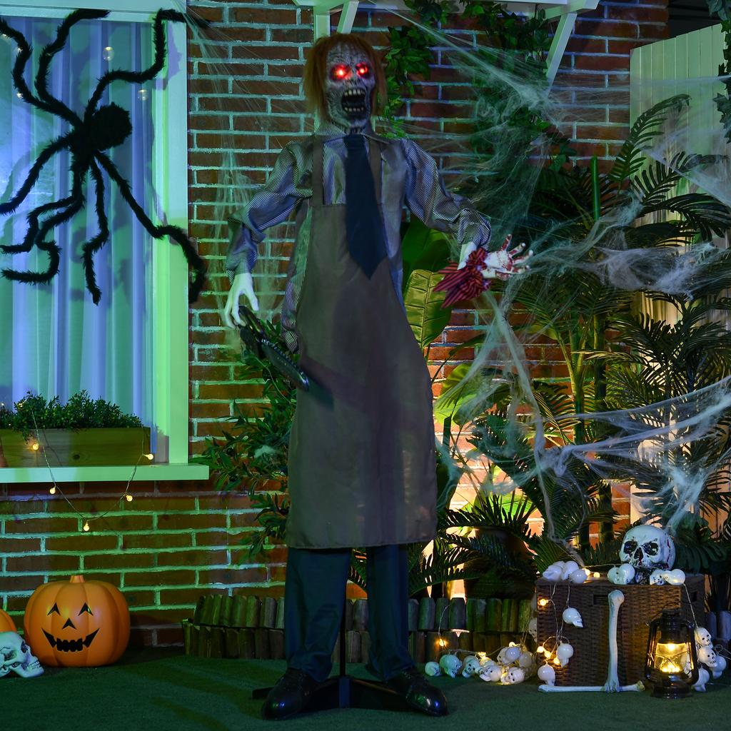 5.5ft Life Size Halloween Animatronic Standing Chainsaw Killer, with Light Up Eyes, Sound Activated Moving Body, Scary Halloween Decorations