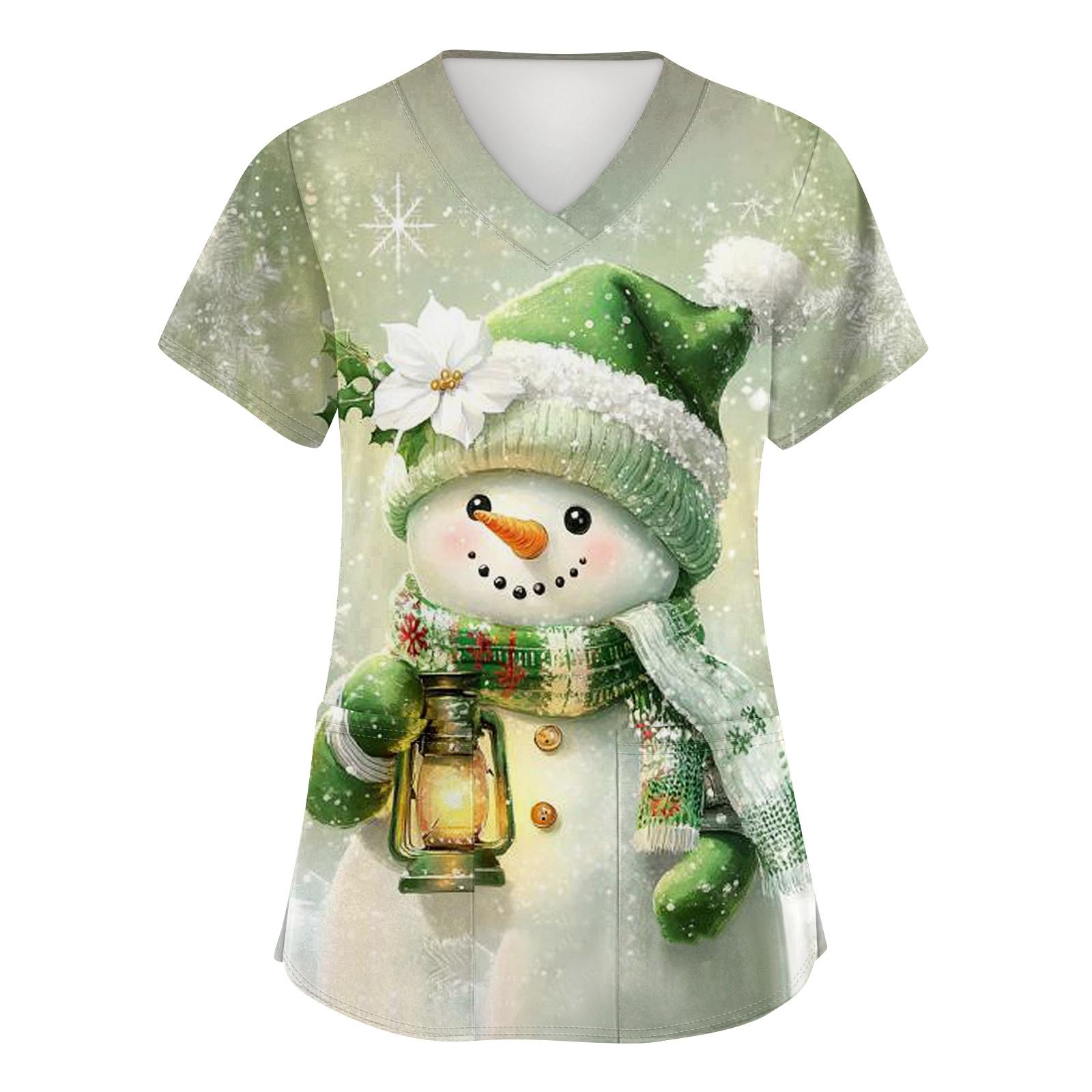 

Women s V-neck Christmas Printed Short-sleeved Pocket Side-slit Protective Suit Top XXXXL