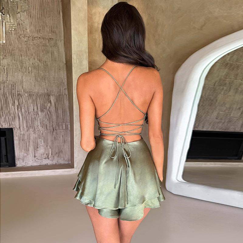 Summer New European and American Sexy Elegant Slim Sling Sling Satin Backless Strap A Swing Dress Women