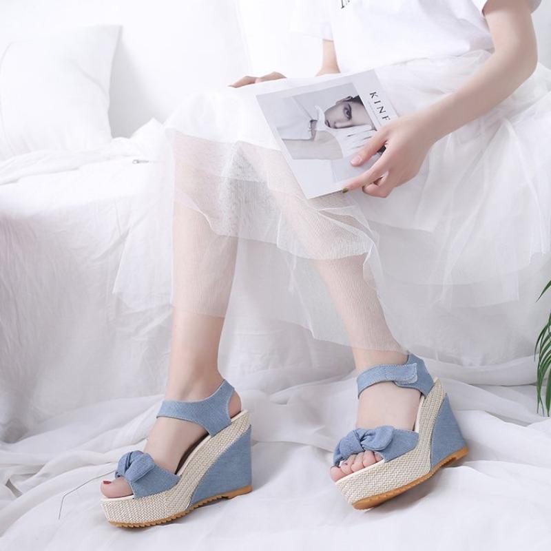 Women's Summer Slope Heel Bow Open Toe Velcro Fashion Fish Mouth Thick-soled High-heeled Sandals