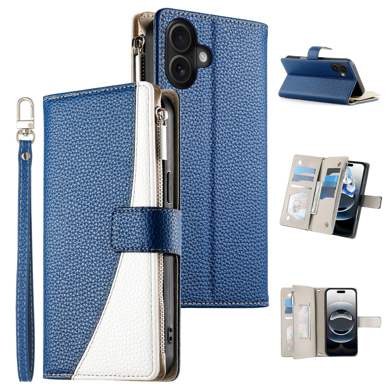 

For iPhone 16 Plus Case Zipper Pocket Wallet Color Splicing Leather Flip Phone Cover with Straps Dark Blue