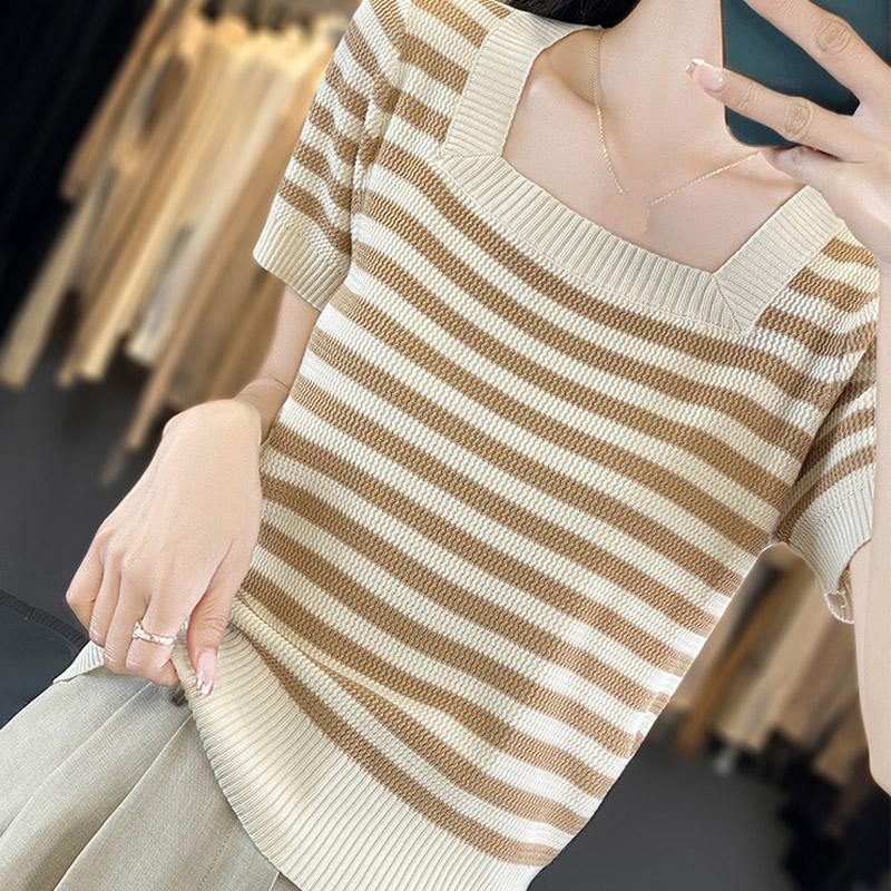 Women Sweaters Pullovers 2025 Summer Short Sleeve Square Collar Striped Black Knitted Sweater Women Tops Pullover JJ254