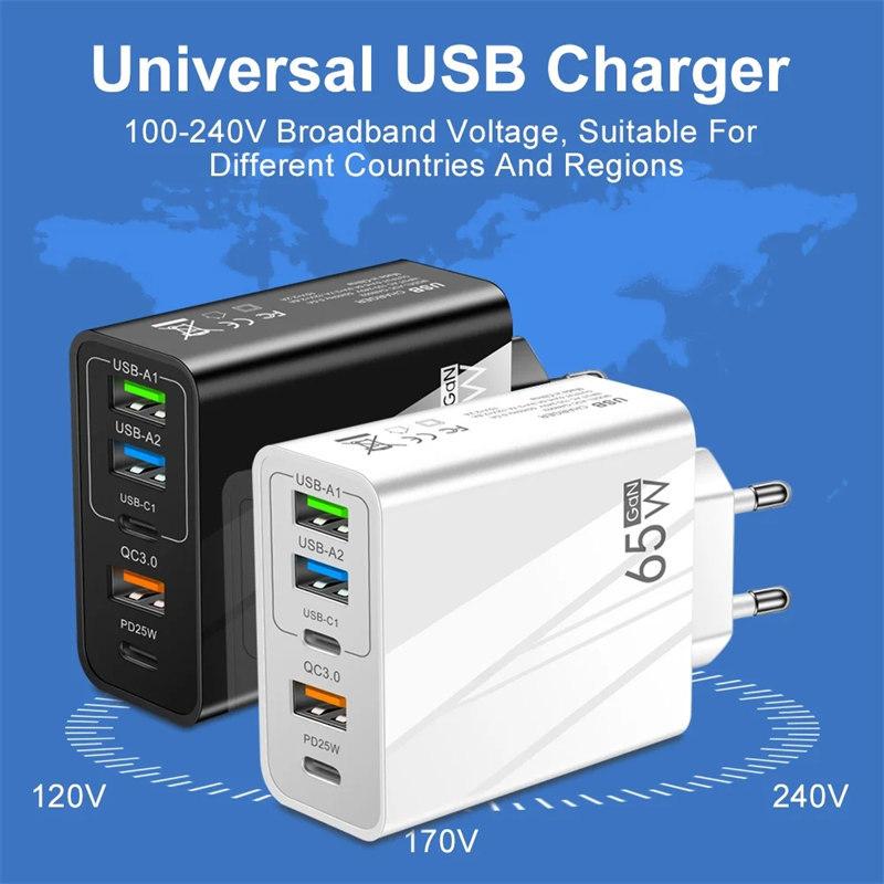 Încărcător USB 65W Încărcare rapidă 3.0 5 porturi PD Tip C Încărcător de perete cu încărcare rapidă pentru iPhone Samsung Xiaomi Huawei Adaptor pentru telefon USB