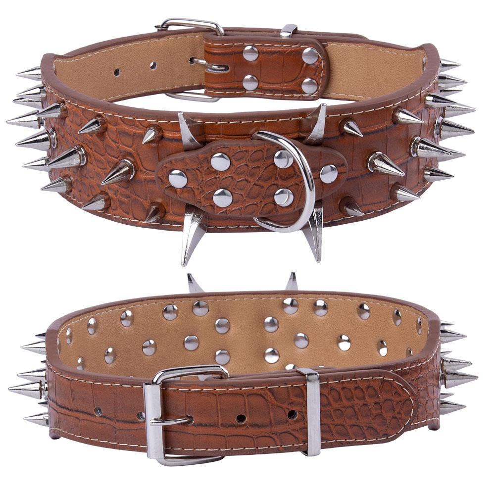 Width 2 Inch Anti-bite Spiked Dog Collars Adjustable PU Leather Necklace Heavy Duty Sharp Rivets Pet Collar Outdoor Dog Walking