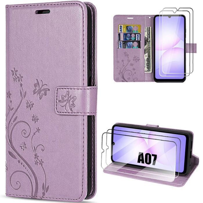 Coque de Protection - BOOLING - Samsung Galaxy A07 - Synthécuir Violet Motif Floral - 2 Verre Trempé