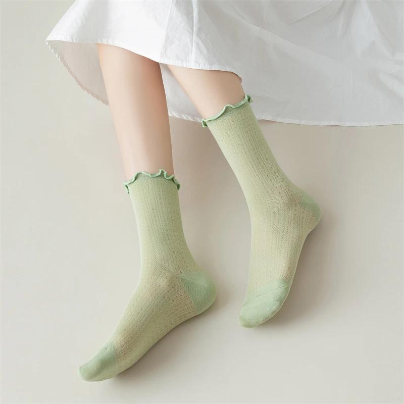 Neue Damen Socken Hohe Qualität Sommer Mode Lässig Lange Socken Einfarbige Koreanischer Stil Wellensaum Netz Atmungsaktiv Einfach Dünn
