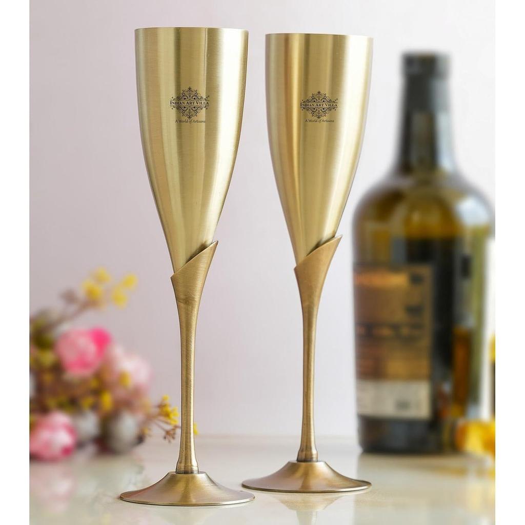 Antique Finish Brass Champagne Glass Set of 2 in Blue Velvet Gift Box, Handcrafted Drinkware for Parties and Diwali Gifts, 200 ML
