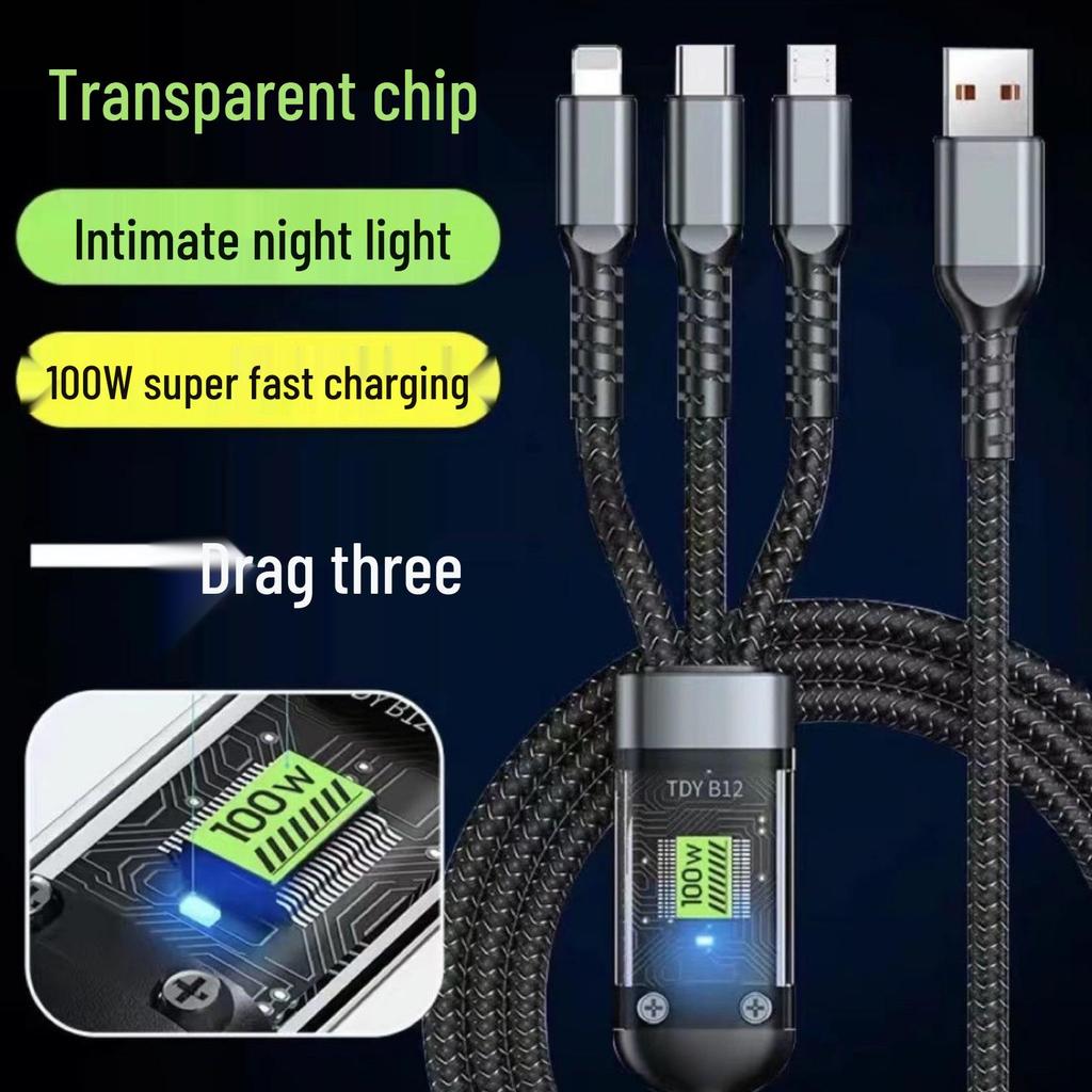 100W Transparent Digital Display 3-in-1 Fast Charging Cable