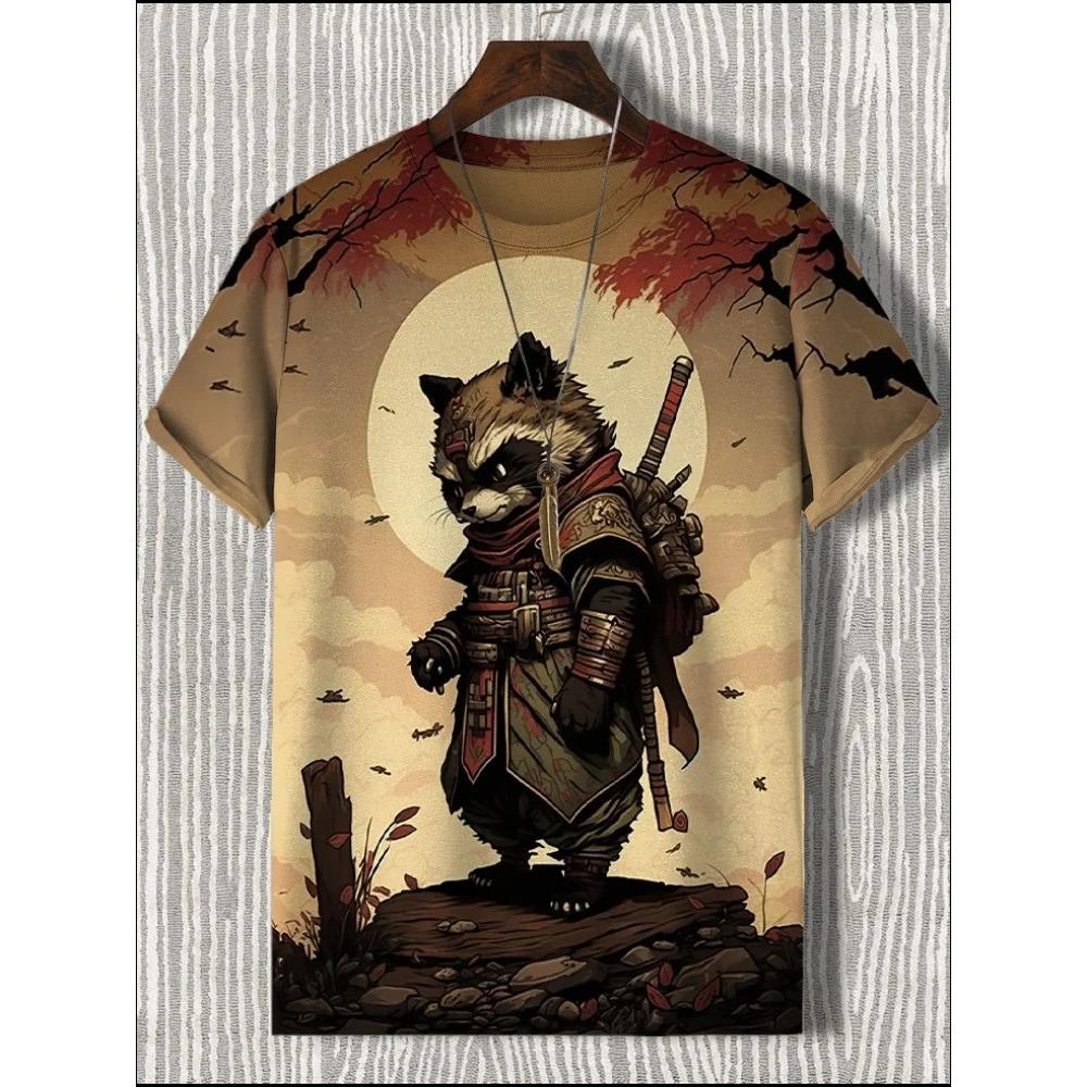 Japanese Anime Samurai Cat T-Shirt For Men 3d Animal Print Short Sleeve Tops Tees Casual T-Shirt Oversized Shirt  Men Kids Clothing