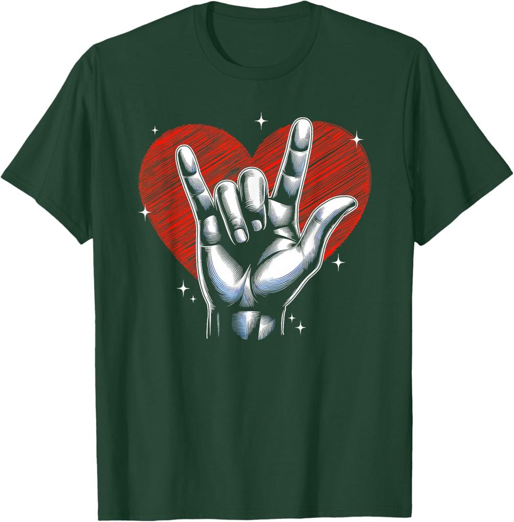 I Love You Hand Sign Rock Gesture Heart Graphic Print Short Sleeve T-Shirt Casual Daily Cotton Tee