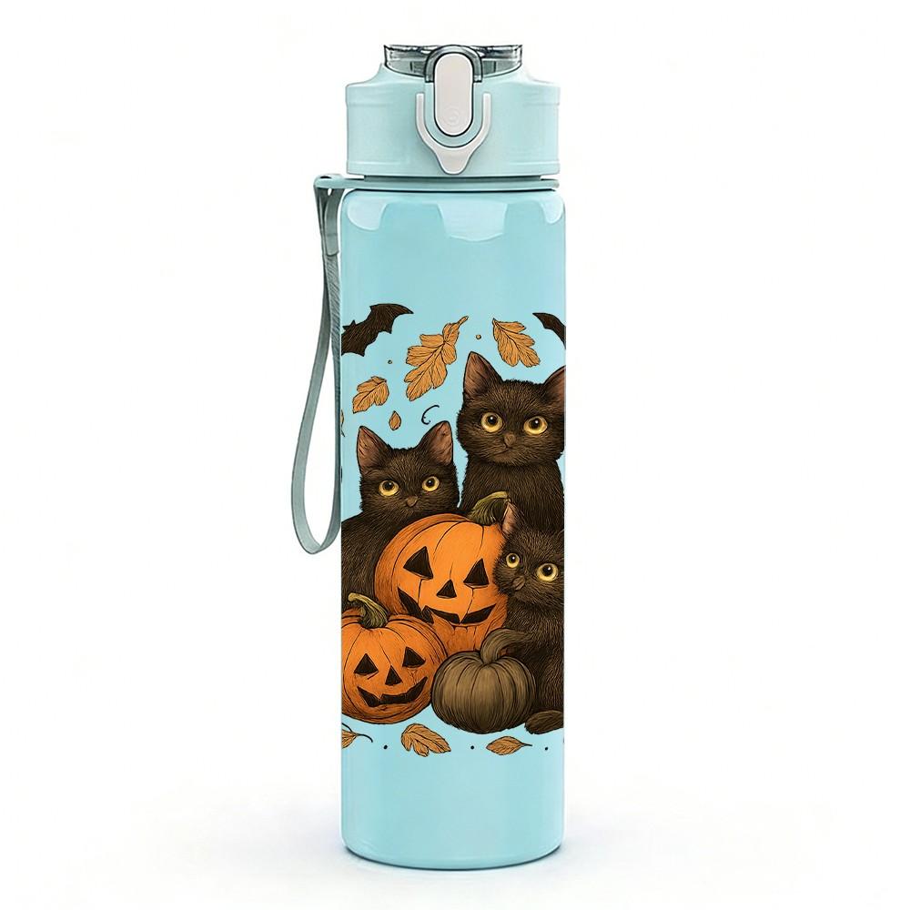 1PC Halloween Black Cat Pumpkin Group 750ml Color Plastic Sports Water Bottle Leakproof Flip Straw Lid Suitable for Sports Office Home Use
