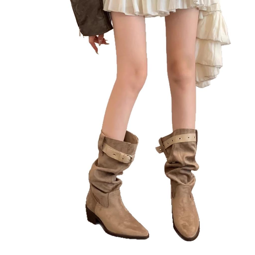 Coarse Heel Pointed Pleated Tall Tube Piled Boots Women's 2025 New Summer and Autumn Western Cowboy Medium Tube Knight Boots