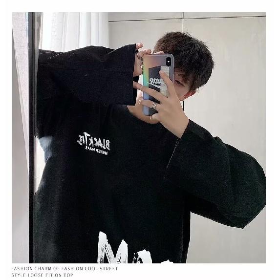 2024 Men's Long-Sleeved T-shirt Autumn Undershirt Long Sleeve Cotton Autumn Hong Kong Style Printing Loose Trendy Top
