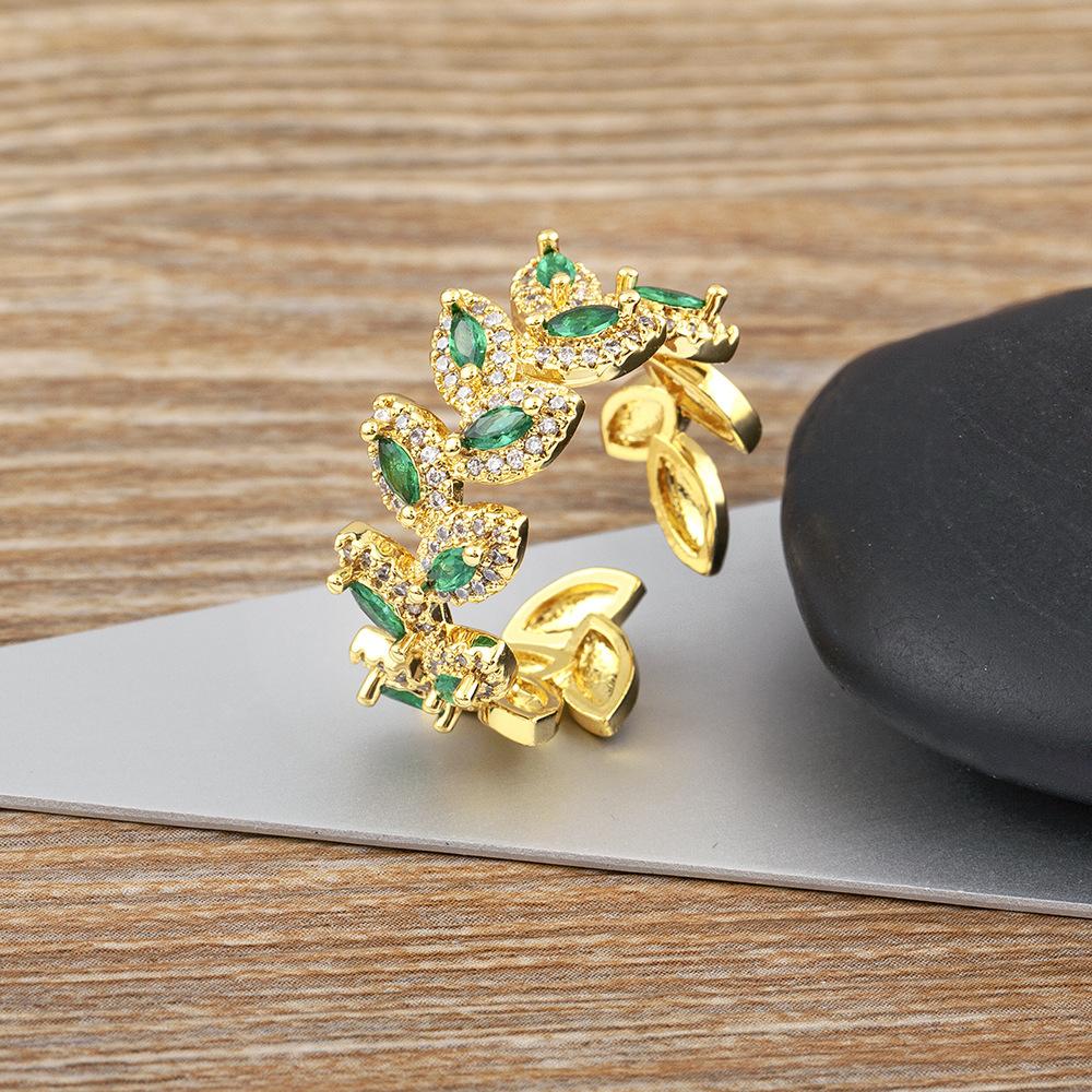 European and American Wide Face Tree Leaf Shaped Inlaid with Colored Zircon Geometric Opening Personalized Ring for Women