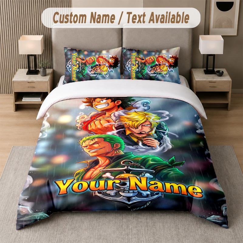 One Piece 3Pcs Bedding Set, Personalized Custom Name Text, 1 Duvet Cover & 2 Pillowcases For Bedroom