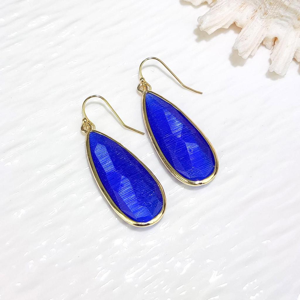 Green Cat's Eye Faceted Teardrop Pendant with Natural Stone and Crystal Earrings