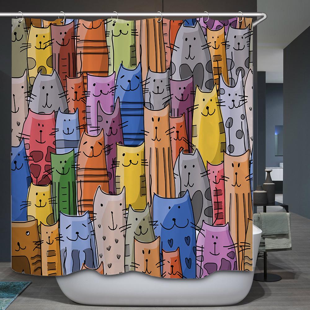 Cute Cat Animal Waterproof Polyester Shower Curtain With Hooks For Bathtub Bathroom Screens Home Decor Large Size Wall Cloth