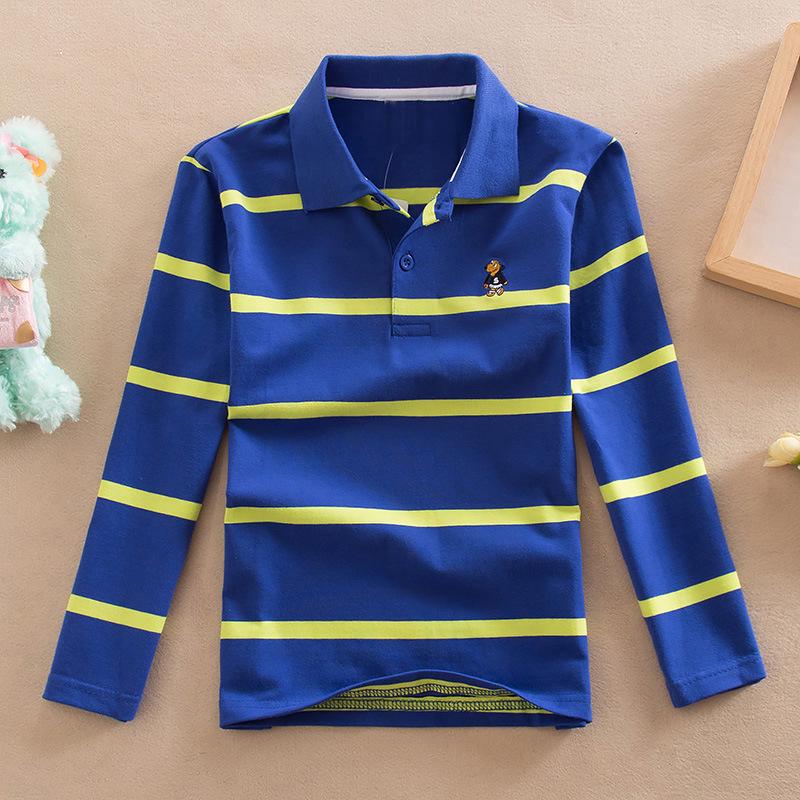 Boys' Korean Style Striped Long-Sleeve Polo Shirt with Turn-Down Collar (Sizes 100-170 cm) - Autumn & Spring Wear