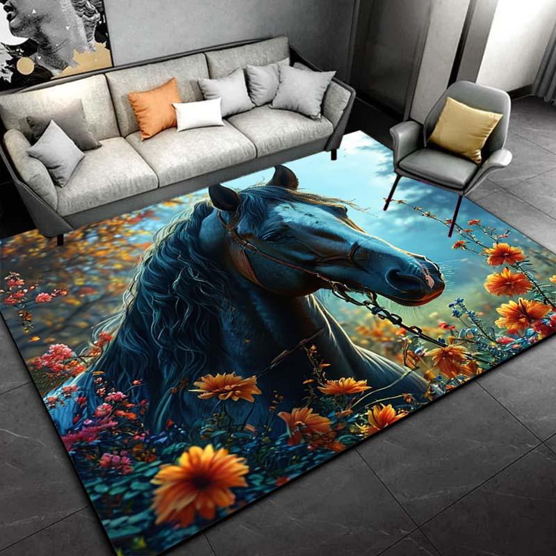 Blue Horse in Bloom Rug: Serene Floral Design for Relaxing Living Spaces | Beautiful Home Accessories Skid resistant carpet