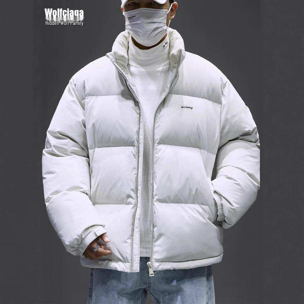 Men's Black Winter Down Puffer Jacket - Thick, Warm, Stand Collar, Casual Loose Fit, Trendy Youth Style