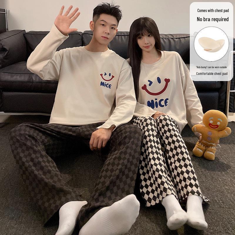 "Women's & Men's Cartoon Pajama Set with Chest Pads – Korean Style Long-Sleeve Home Wear for Autumn & Winter"