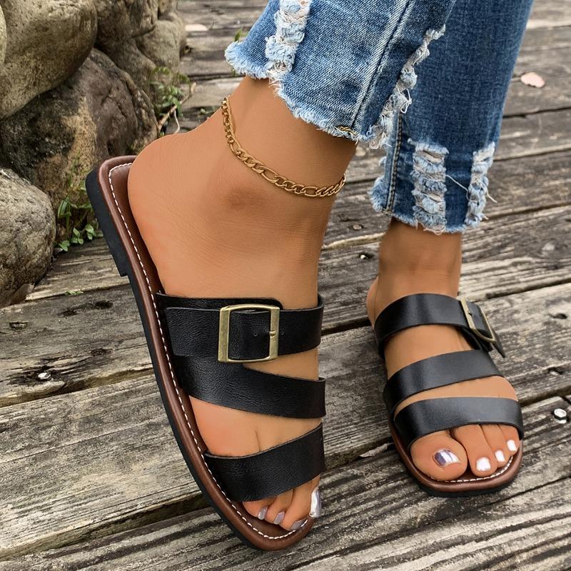 Women's Buckle Flat Slipper Peep Toe Retro Style Beach Sandal