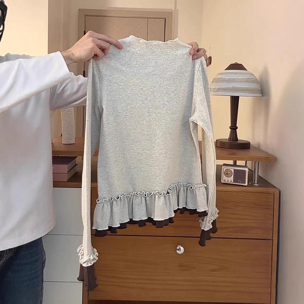 Haut rétro DeRong à col montant pour femme avec ourlet à volants, design effet deux-pièces, manches longues et nœud 3D.