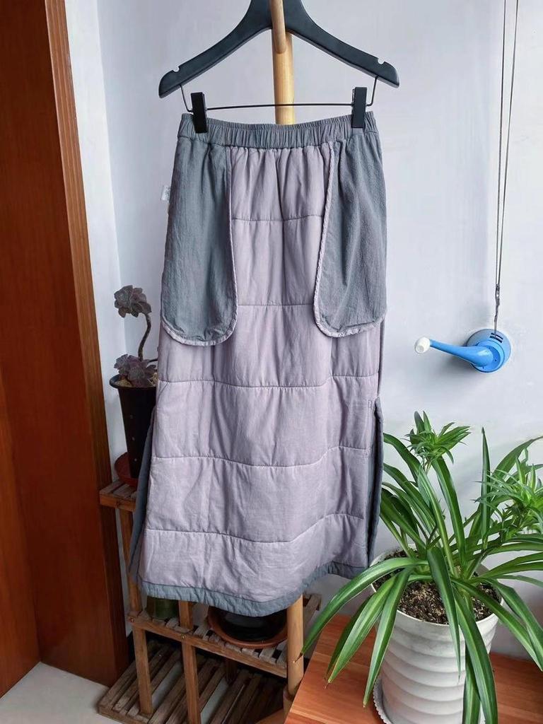 Autumn/Winter Navy Blue Quilted Cotton Midi Skirt - Plus Size, Slimming, Versatile, Chinese-Inspired, Intellectual Style