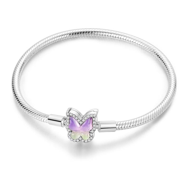 Heart Shaped Zircon Butterfly Base Bangle Single Wear Copper Silver Plated Colorful Snake Bone Bracelet