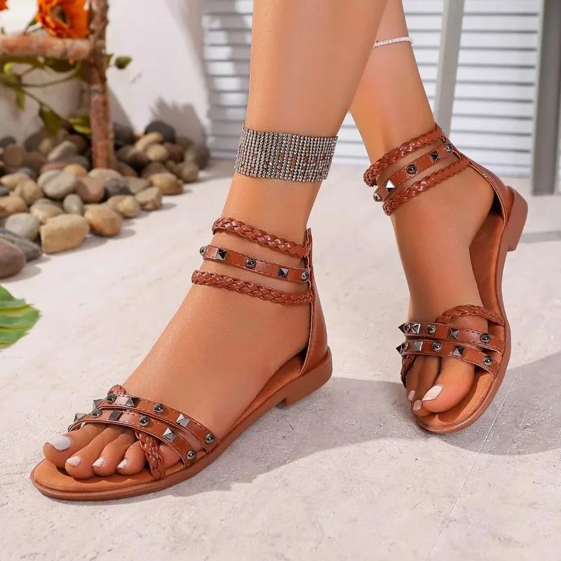 2025 Summer New Round Head Willow Nail Roman Sandals Foreign Trade Large Size Women's Comfortable Cross-Border Sandals Fashion