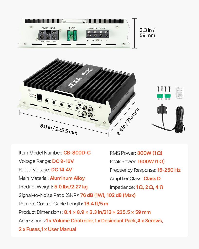 Monoblock Car Amplifier, 800W RMS MAX, 1/2/4 Ohm Stable, 1-Channel Class D Car Audio Amplifier with Remote Subwoofer Level Control, Low Pass Filter,