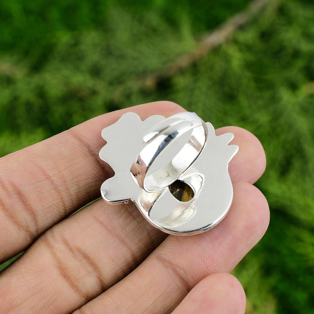 Gift For Her Natural Tiger'S Eye Statement Flower Adjustable Ring 925 Silver
