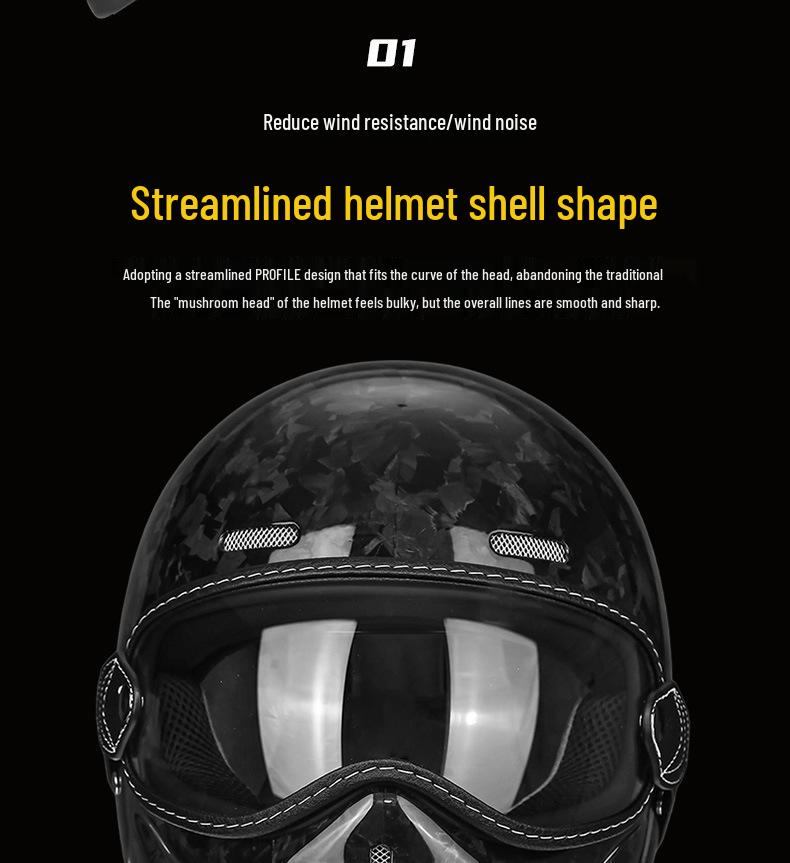 Retro Carbon Fiber Full Face Motorcycle Helmet with Fiberglass Shell for Cruiser, Scooter, Moped Riding