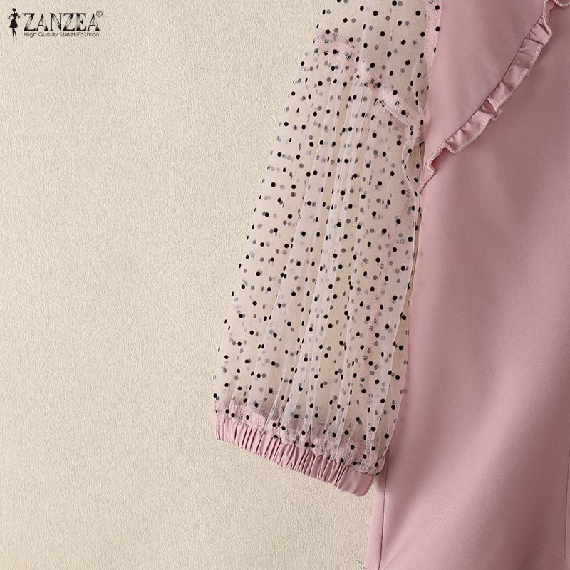 ZANZEA Damen durchsichtiges Netz-Patchwork 3/4-Ärmel Freizeitbluse