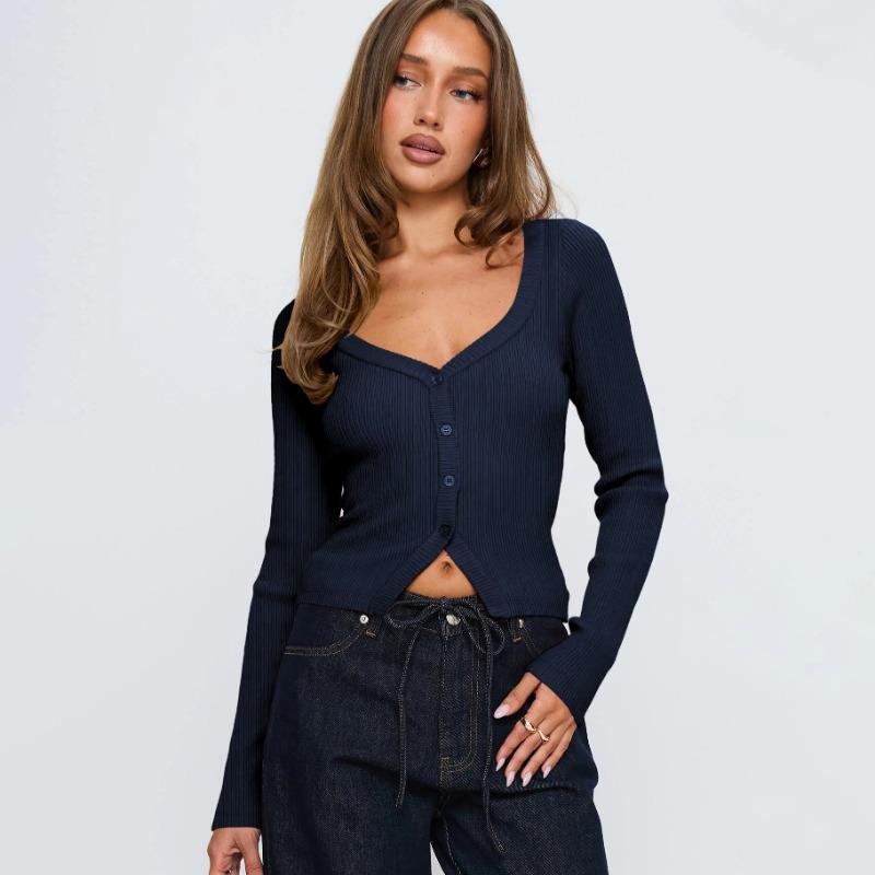 Women S V Neck Long Sleeve Ribbed Button Front Cardigan
