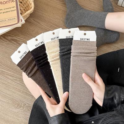 Damen Mid-Calf Socken für Frühling und Herbst, Polka Dot Garn, Frotteesocken für Herbst und Winter, Vielseitige Baumwollsocken, Einfarbige lange Socken