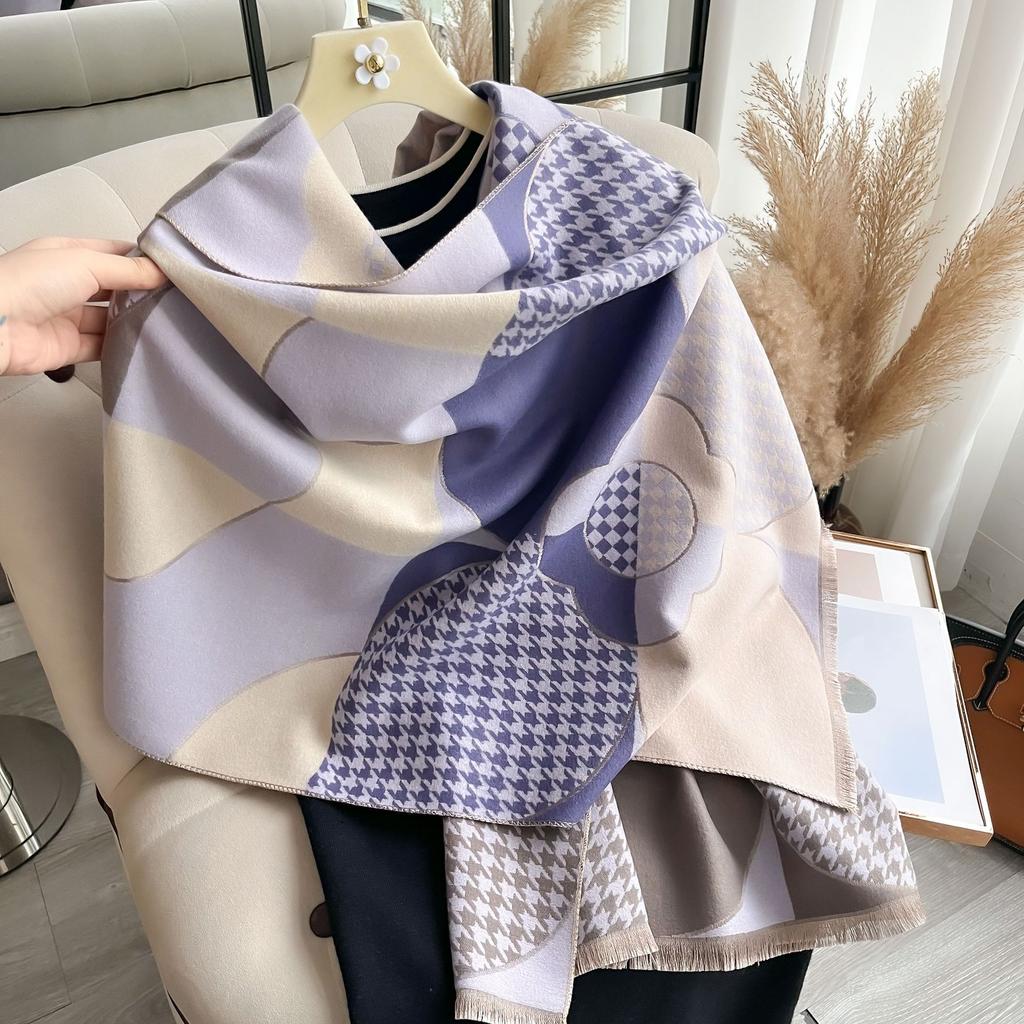 Korean Version Of Bird Grid Geometric Shape Splicing Flower Fashion Versatile Commuting Imitation Cashmere Warm Women'S Scarf