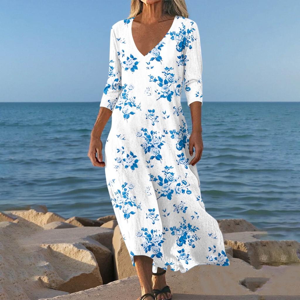 Dresses For Womens Vintage Print Tunic Waisted Midi Dress Summer Casual 3/4 Sleeve Dress