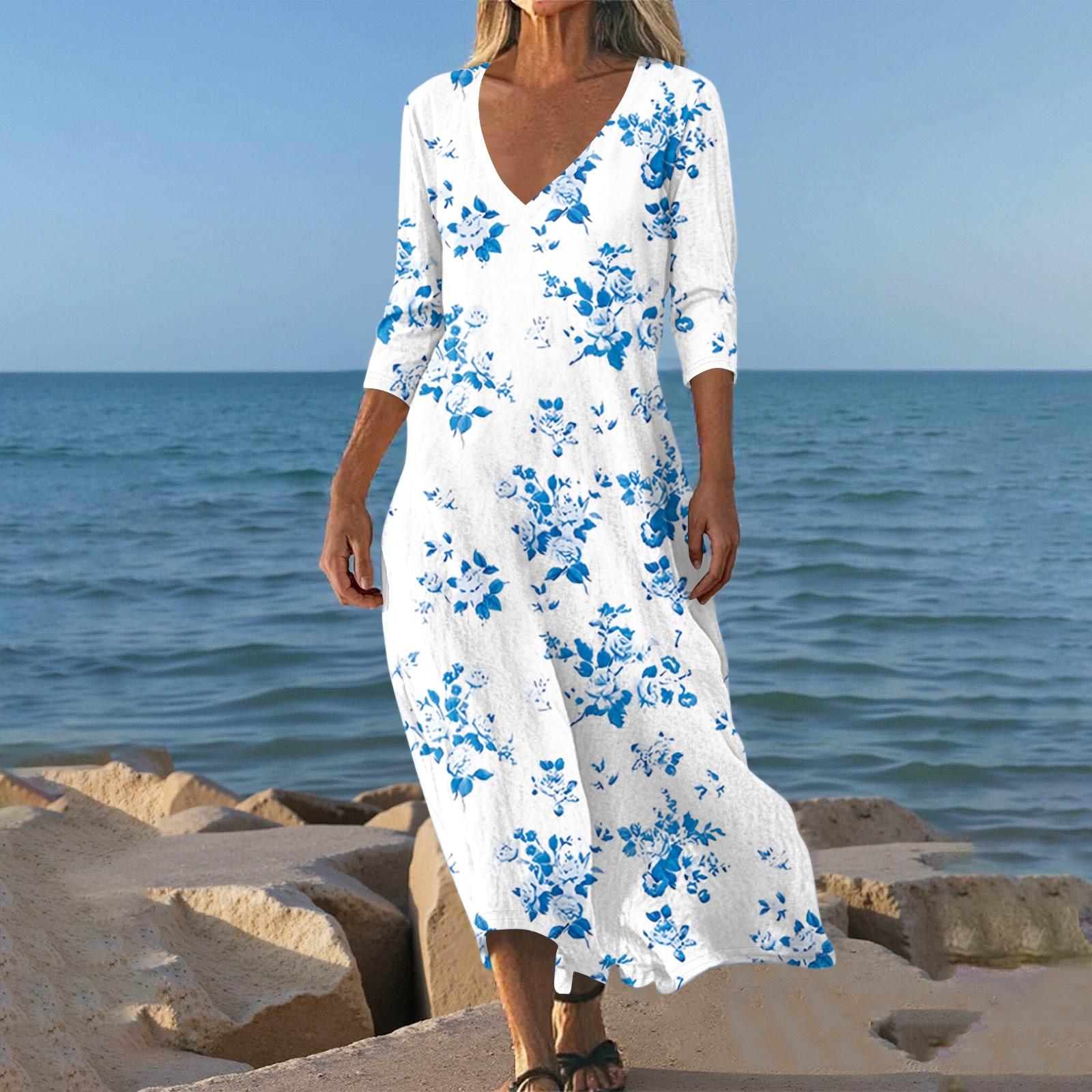 

Платья для женщин Винтажный принт Туника с завышенной талией Миди платье Летнее Повседневное платье с рукавом 3/4 M белый