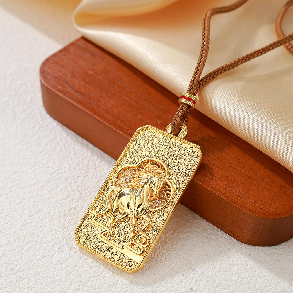 Gold Zodiac Horse Pendant - Auspicious Clouds Foal Unisex Square Accessory