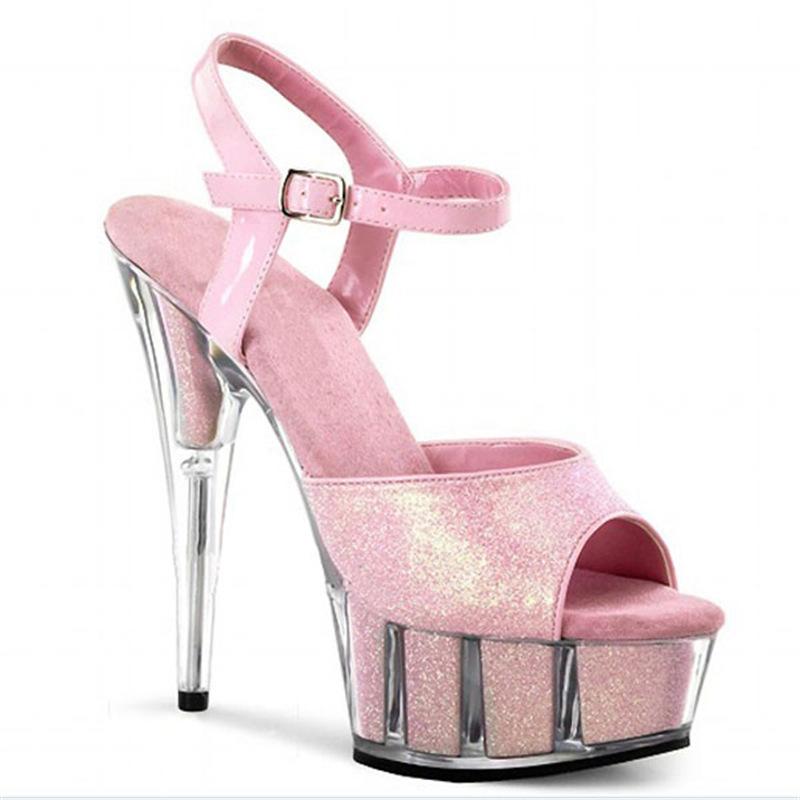 Women's Dance SANDALS Slotted Buckle Glitter Sequins Crystal Sandals Fashion Catwalk Plus Size Women's Shoes 15cm High Heels YKC