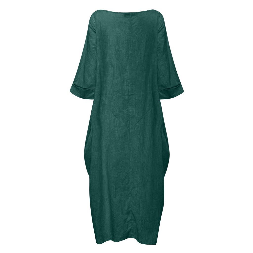 Women's Fashionable Color Round Neck 3/4 Sleeved Cotton Linen Casual Vacation Loose Long Dress