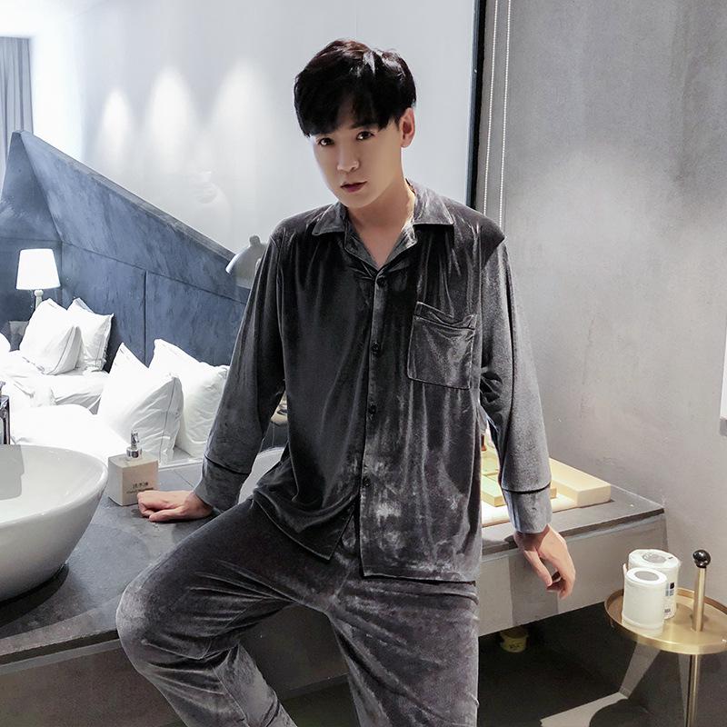 Couple's Gold Velvet Pajamas: Thin Fleece Two-Piece Set for Women & Men - Long Sleeve, Solid Color, Perfect for Spring & Autumn Homewear