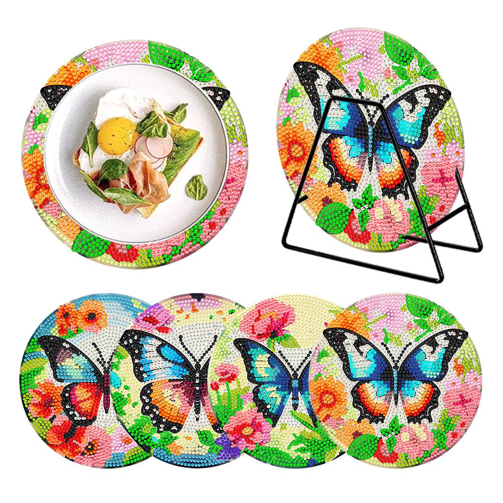 4 Pcs Wooden Diamond Painting Coasters Round Diamond Painting Placemats for Beginners Adults Art Craft Supplies for Table Decor