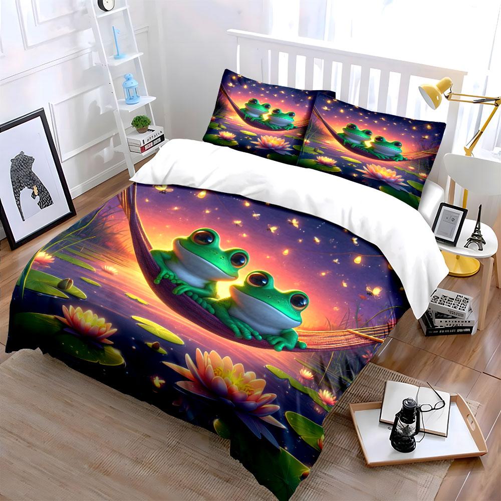 Frog Hammock Sunset Decor Soft Comfortable Duvet Cover Bedding Set Included 1*Duvet Cover & 2*Pillowcases, Gift