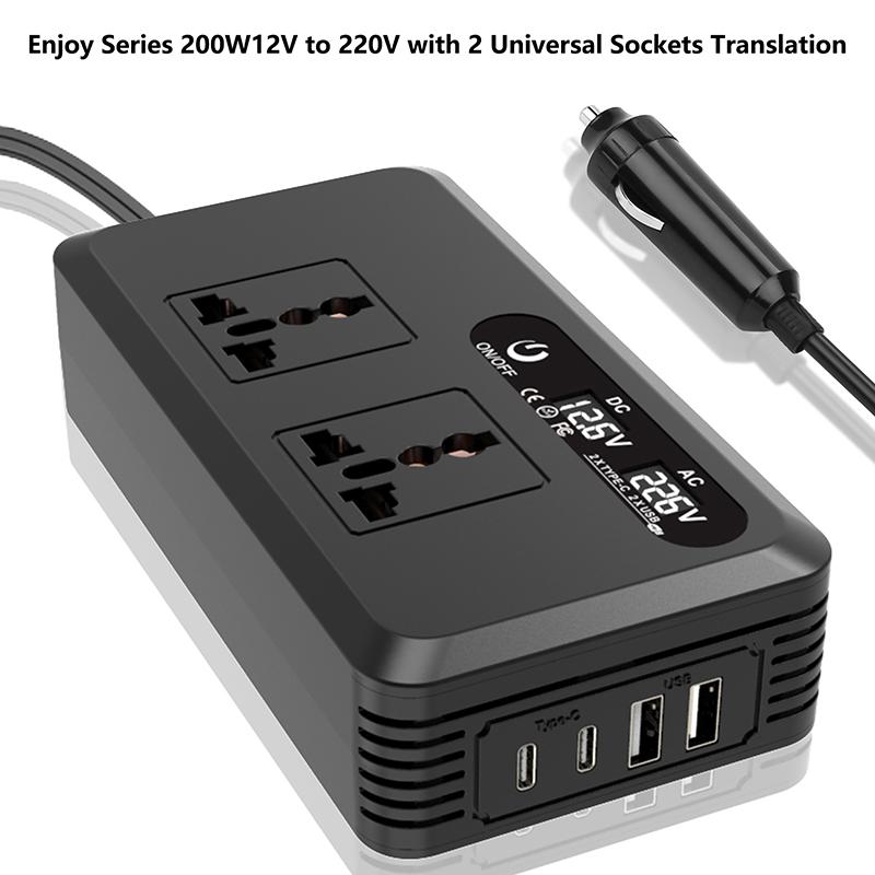 200W Multifunctional Car Inverter 12V to 220V EU Sockets USB C Port Cigarette Lighter Plug for Drivers